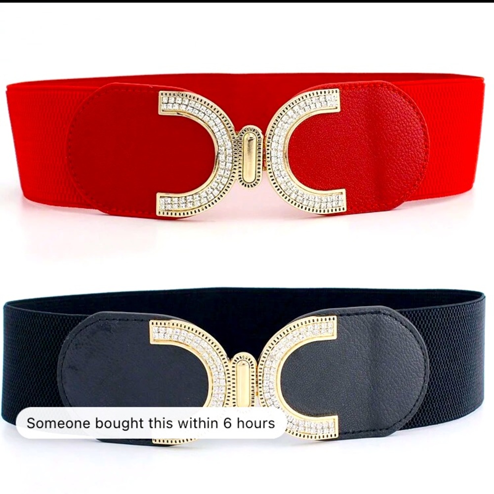 - 0-1- M Elegant waistband Women's Belt with Gold rhinestone Accents. Elastic